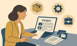 Kobieta przy laptopie z napisem PKWIU. Ikony pudełka, biegu i teczki sugerują różne branże, jak kod zawodu programista.