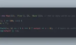Kod JavaScript implementujący grę Fizz Buzz. Iteruje od 1 do 100, drukując "Fizz" dla wielokrotności 3, "Buzz" dla wielokrotności 5.