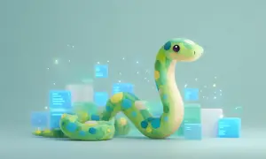 Zielona, kropkowana postać węża Python otoczona przez świecące, niebieskie bloki kodu. Idealne dla osób szukających pracy Python bez doświadczenia.