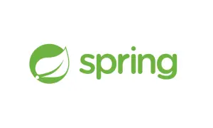 Zielony liść i napis "spring" - symbol frameworka Spring Java.