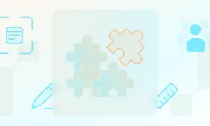 Grafika przedstawia układankę z puzzli, symbolizującą tworzenie **micro saas**. Obok znajdują się ikony notatki, ołówka, linijki i grupy ludzi, sugerujące proces planowania, tworzenia i współpracy.