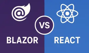 Logo Blazor i React obok siebie z napisem "VS" pośrodku.