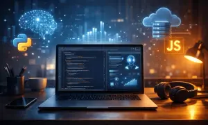 Programista analizuje wymagania, widząc kod, mózg AI, chmurę i ikony Python i JS.