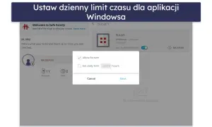 Ustawienia kontroli rodzicielskiej Windowsa: okno dialogowe pozwala ustawić dzienny limit czasu dla aplikacji Steam lub zezwolić na dostęp na stałe.
