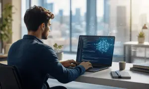Młody programista na stażu pracuje przy laptopie, na ekranie którego widać kod i wizualizację sieci neuronowej.