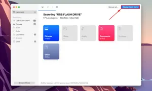 Mac nie widzi pendrive. Skanowanie "USB FLASH DRIVE" trwa, znaleziono 183 pliki. Kliknij "Review found items", by zobaczyć, co odzyskano.