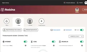 Panel Norton Rodzina z opcjami blokady rodzicielskiej na komputerze. Widoczne profile dzieci, ustawienia czasu i aplikacji.