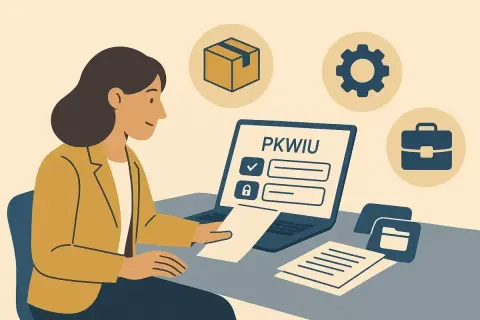 Kobieta przy laptopie z napisem PKWIU. Ikony pudełka, biegu i teczki sugerują różne branże, jak kod zawodu programista.