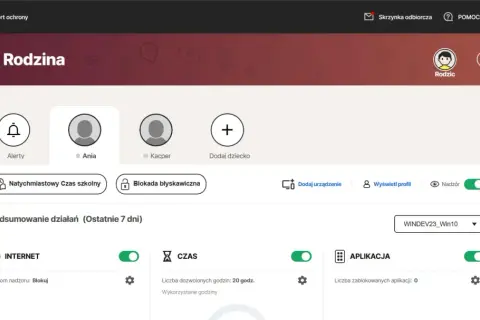 Panel Norton Rodzina z opcjami blokady rodzicielskiej na komputerze. Widoczne profile dzieci, ustawienia czasu i aplikacji.