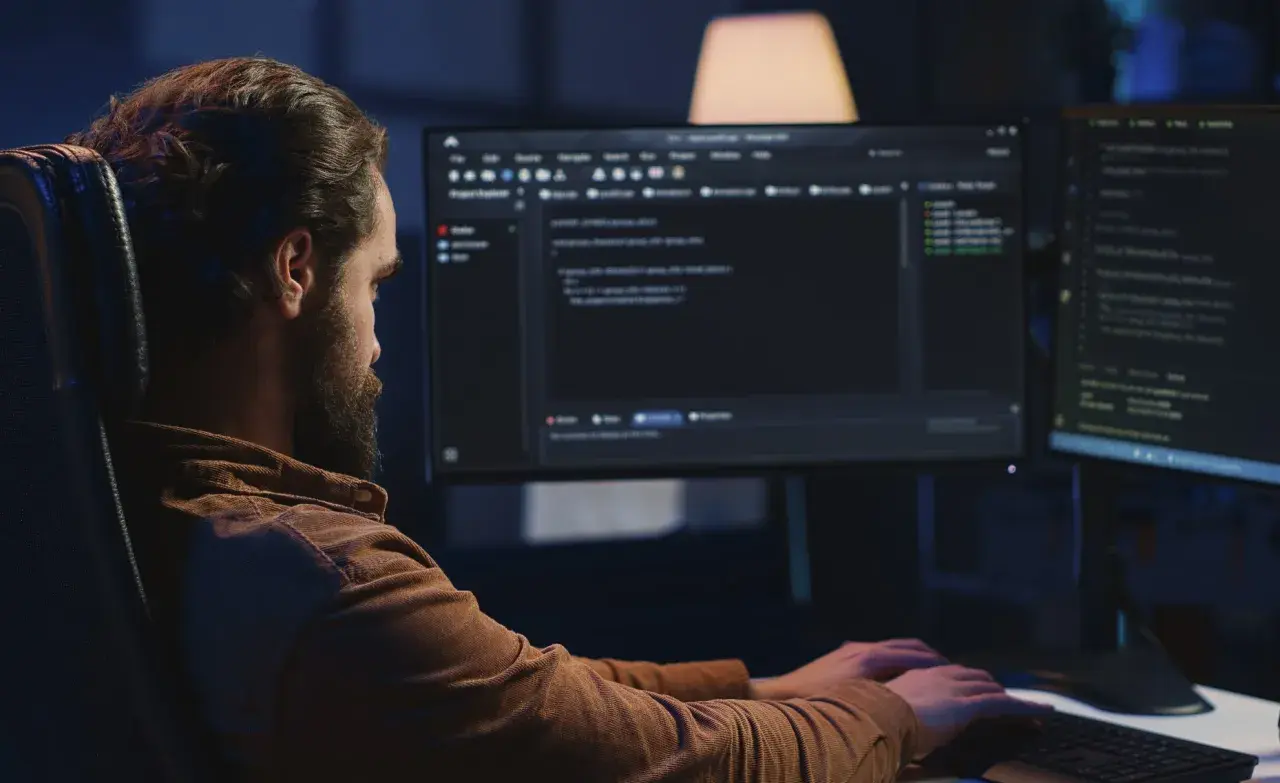 Mężczyzna z brodą, jako java developer, intensywnie pracuje przy dwóch monitorach, pisząc kod w ciemnym pomieszczeniu.
