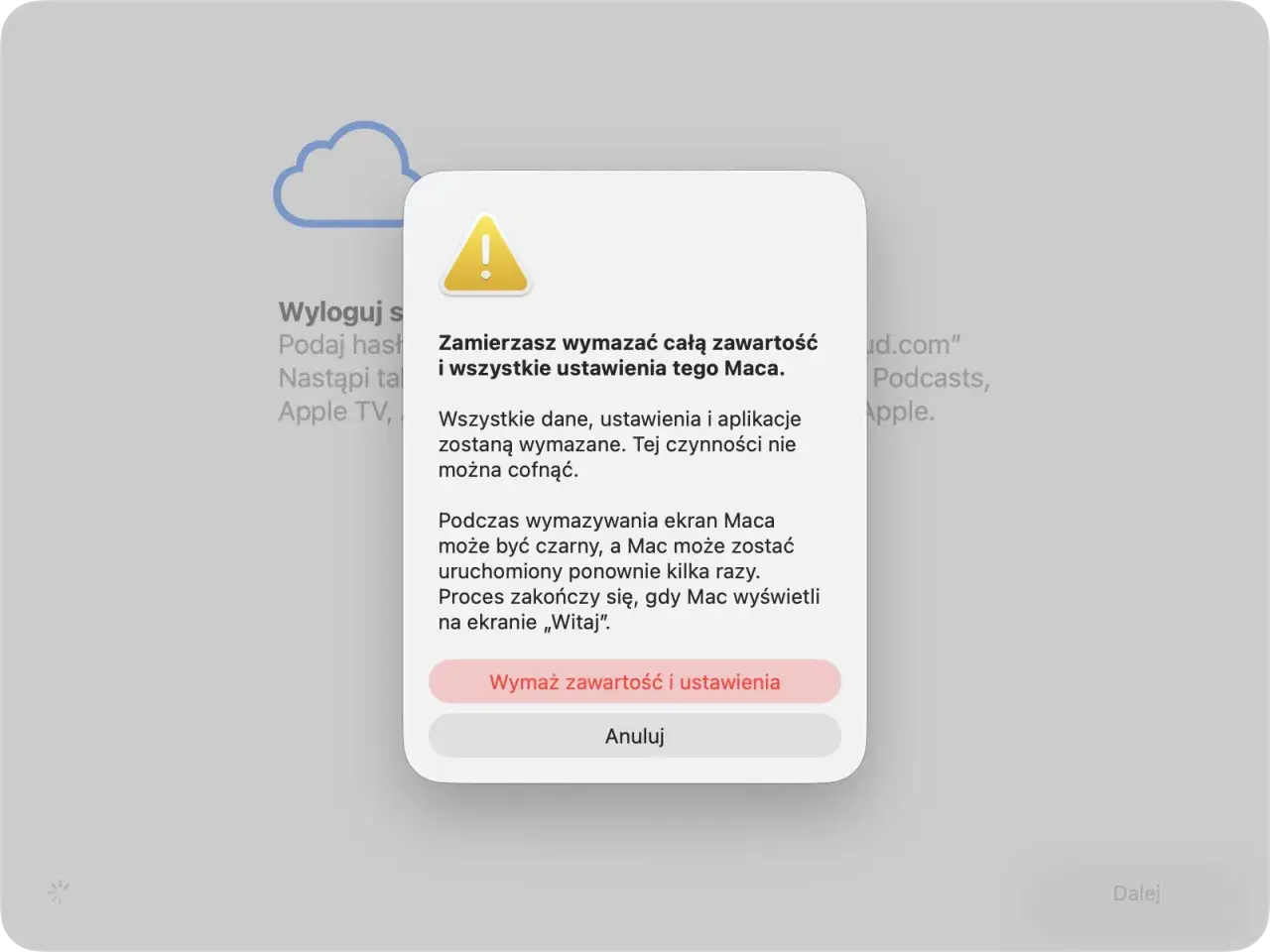 Chcesz wymazać zawartość i ustawienia Maca. To reset maca, który usunie wszystkie dane.