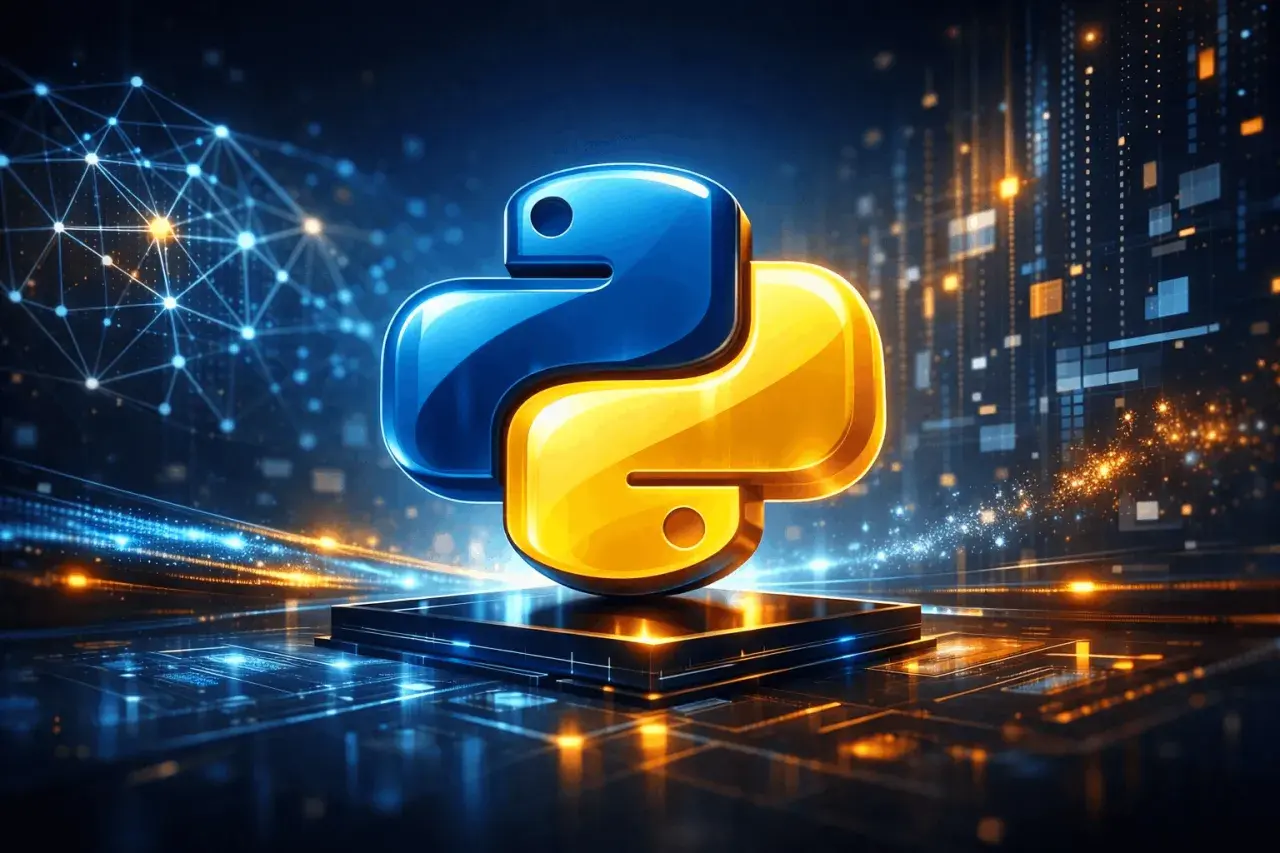 Logo Pythona na tle cyfrowego świata. Idealne dla tych, którzy szukają python praca dla początkujących.