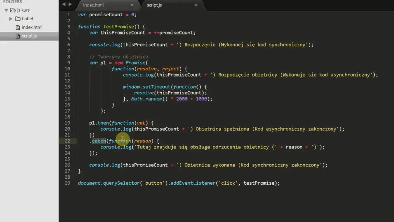 Kod JavaScript z wykorzystaniem ecmascript 6, pokazujący tworzenie i obsługę obietnic (Promises) w celu zarządzania operacjami asynchronicznymi.
